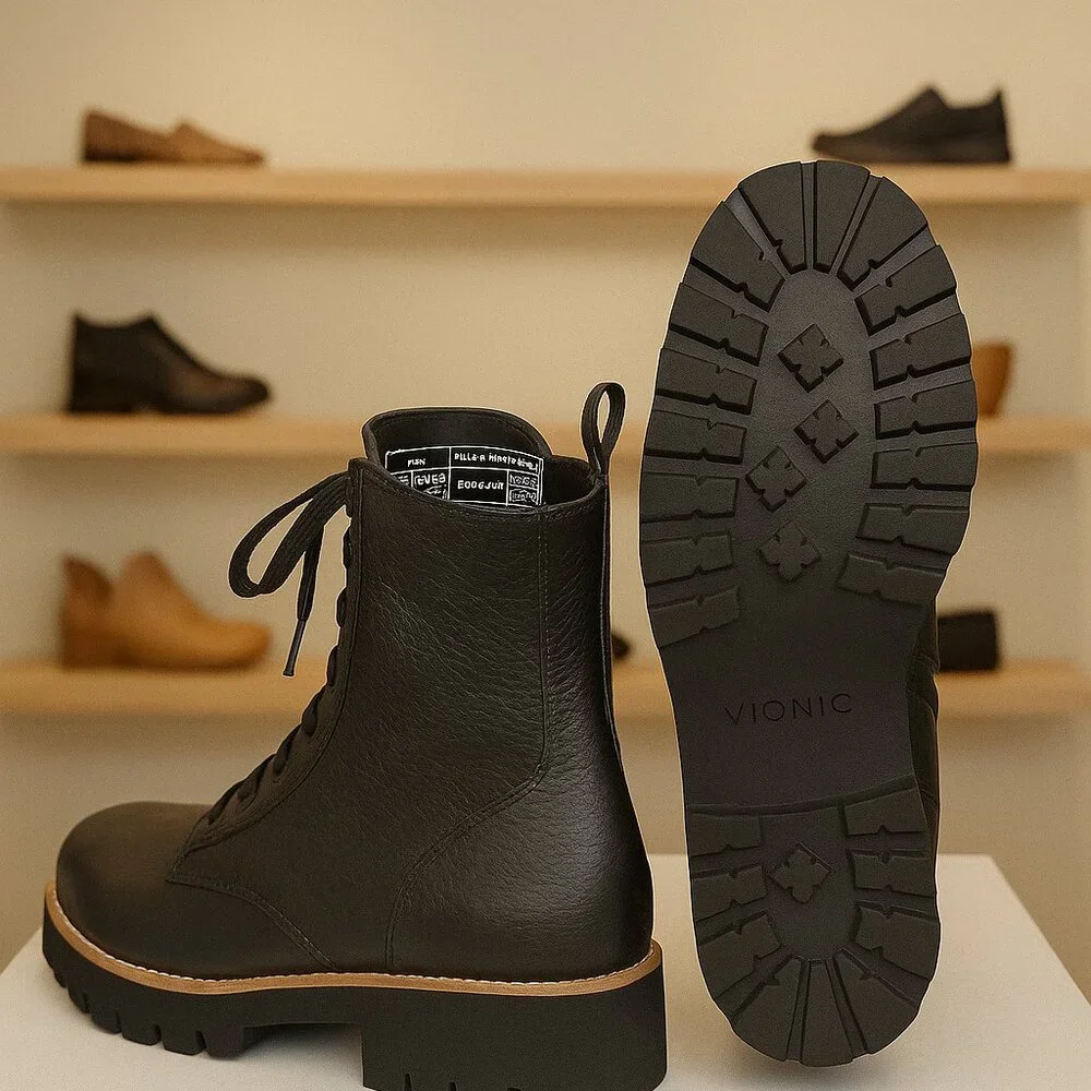 Vionic Lani  Combat  Black Leather Lace-Up Boots | Women’s Size 7 (EU 37) - Picture 3 of 4